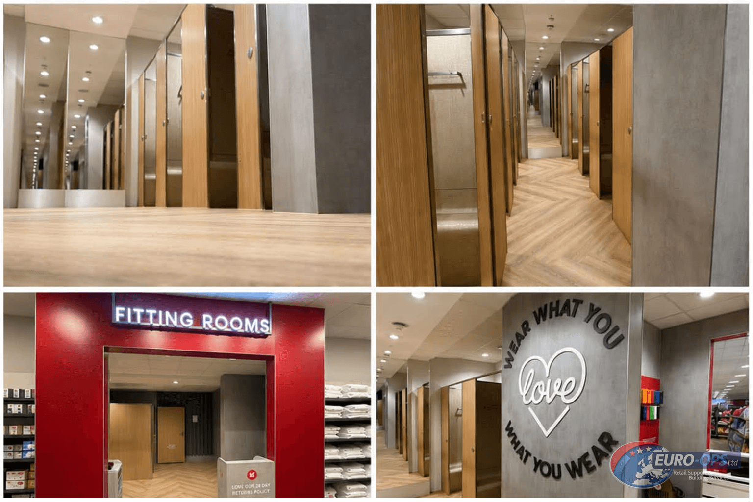 Completed TK Maxx fitting room refurbishment with timber cubicles, commercial flooring and contemporary wall finishes